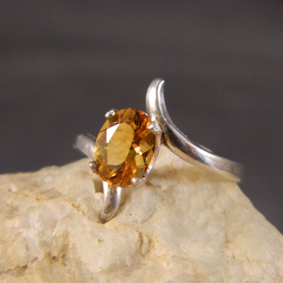 Golden Citrine Gemstone and Sterling Silver Contemporary Ring